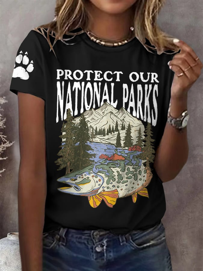 Women's Protect Our National Parks Print Round Neck T-Shirt