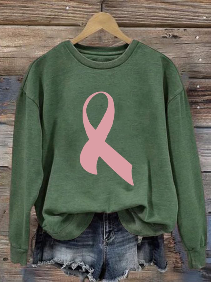 Retro Breast Cancer Awareness Pink Ribbon Print Sweatshirt