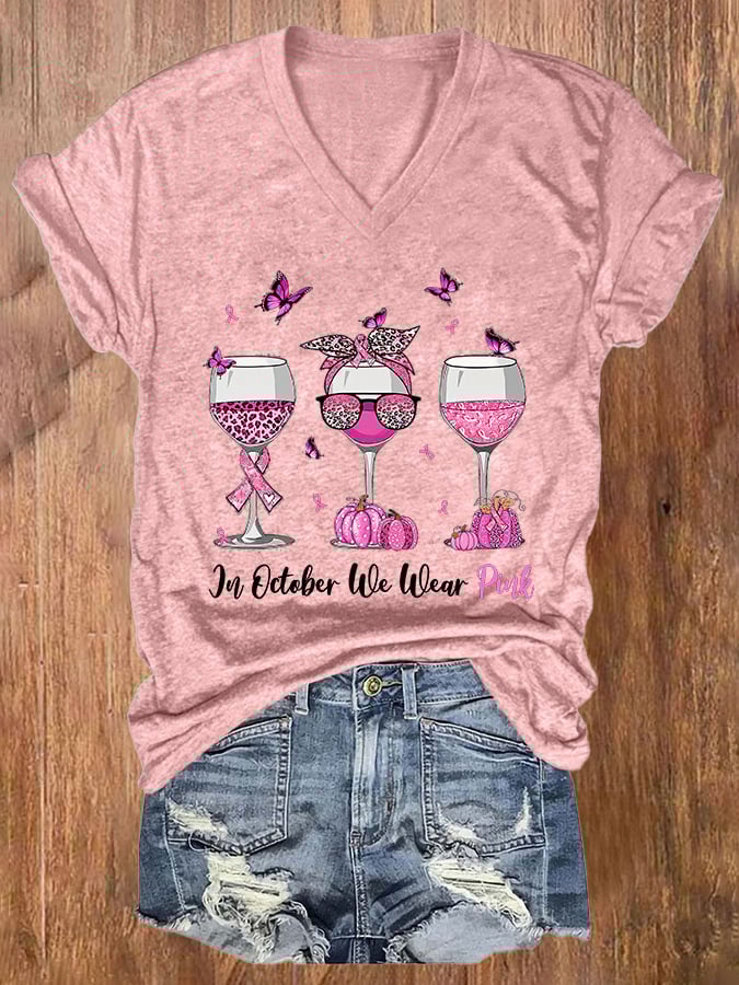 V-neck Breast Cancer Awareness Leopard Wine Glasses In October We Wear Pink Print T-Shirt