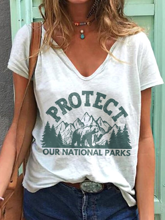 Women's Protect Our National Parks Print V Neck T-Shirt