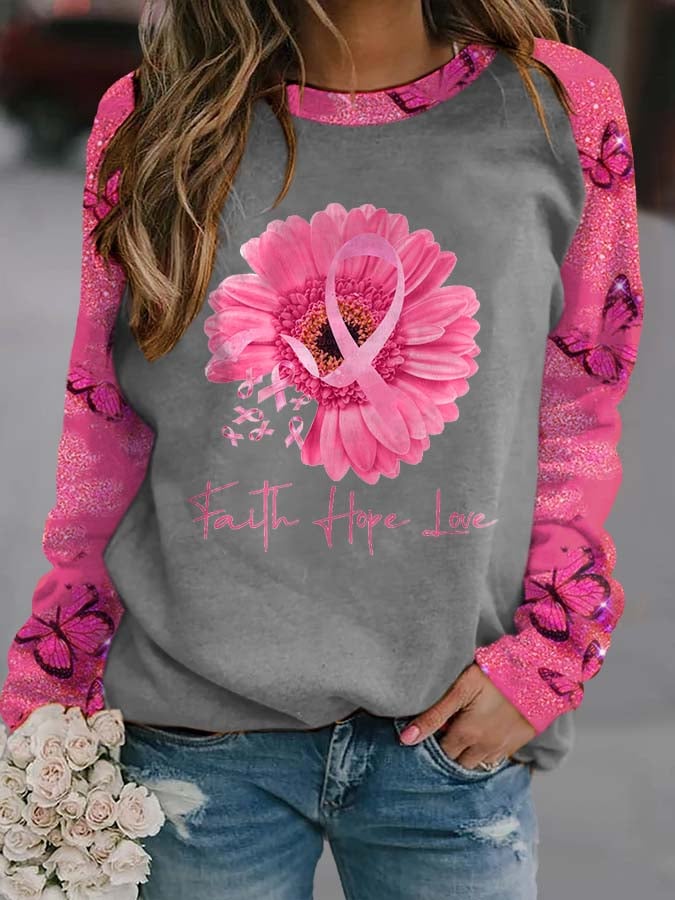 Women's Pink Breast Cancer Print Long Sleeve Crewneck Sweatshirt