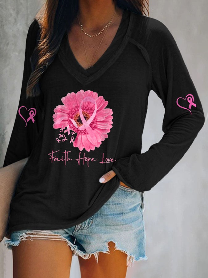 Women's Breast Cancer Floral Long Sleeve V Neck T-Shirt