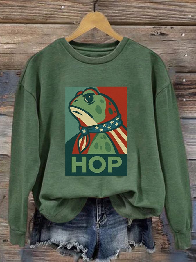 Women's Retro Hop Resist Frog Printed Round Neck Sweatshirt