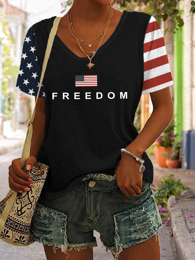 Women's Freedom American Flag Print Casual T-Shirt