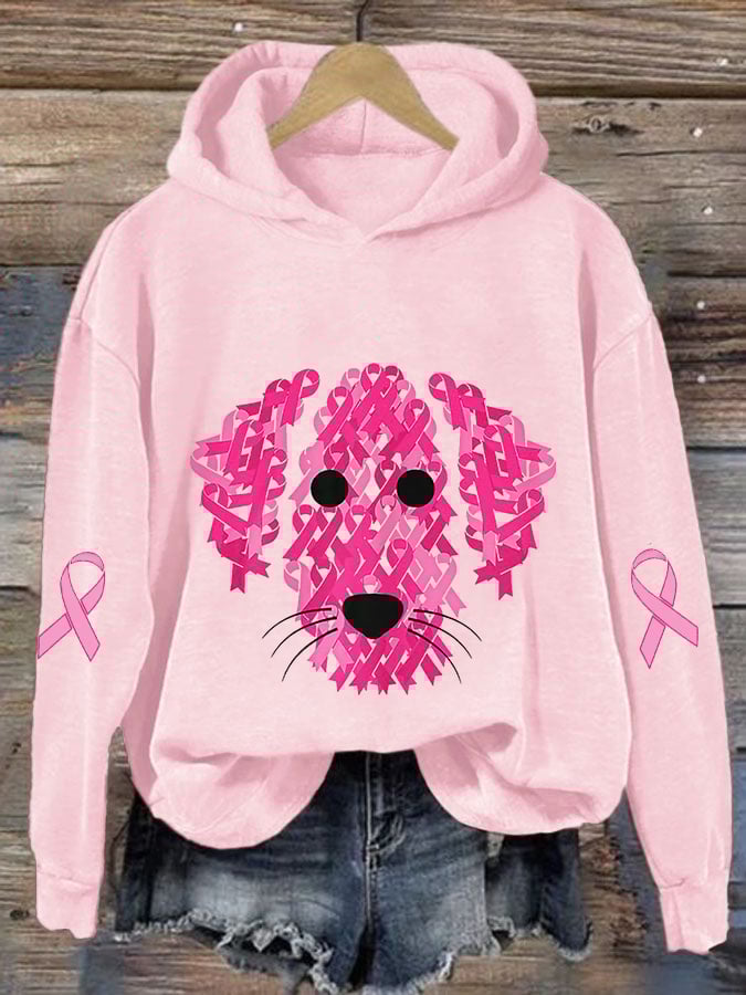 Women's Pink Ribbon Dog Breast Cancer Awareness Print Casual Hoodie