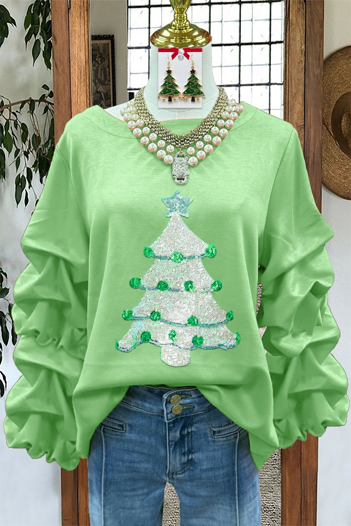 Sweet Christmas Tree Sequined Pleated Sweatshirt