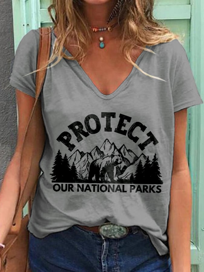 Women's Protect Our National Parks Print V Neck T-Shirt
