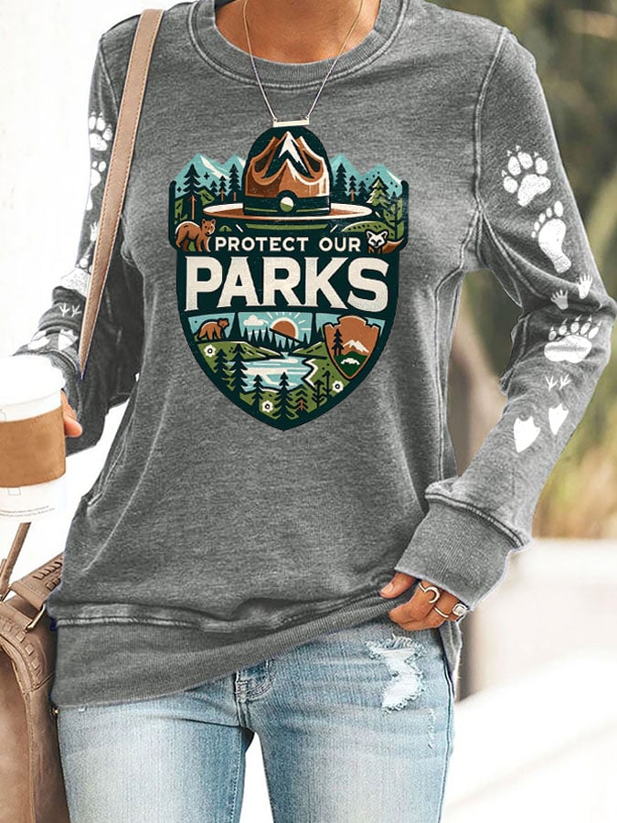 Women's Protect Our National Parks Print Round Neck Sweatshirt