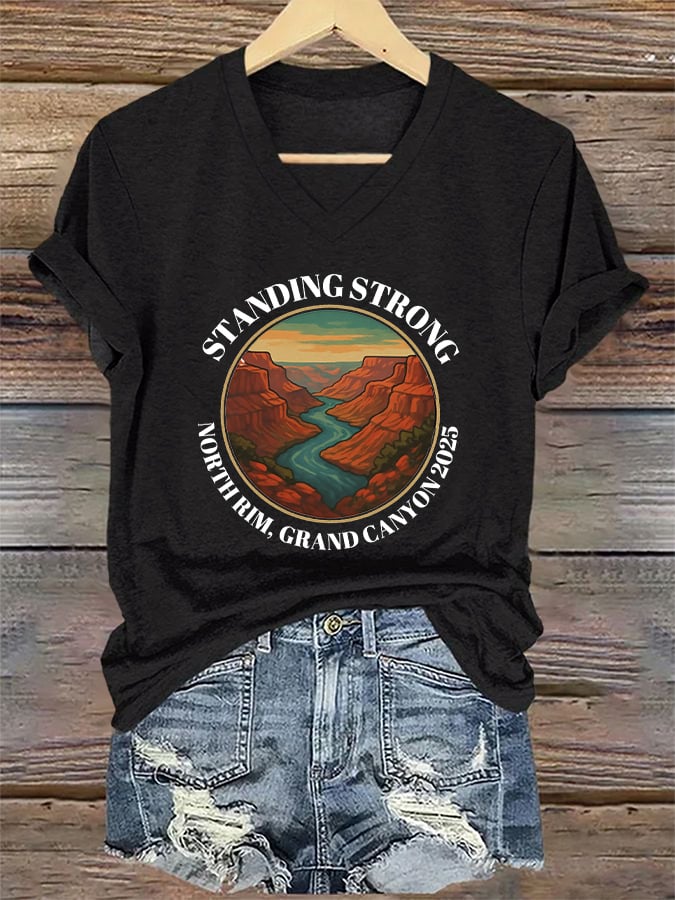 V-Neck Retro Standing Strong For Grand Canyon North Rim Lodge Fire 2025 Print T-Shirt