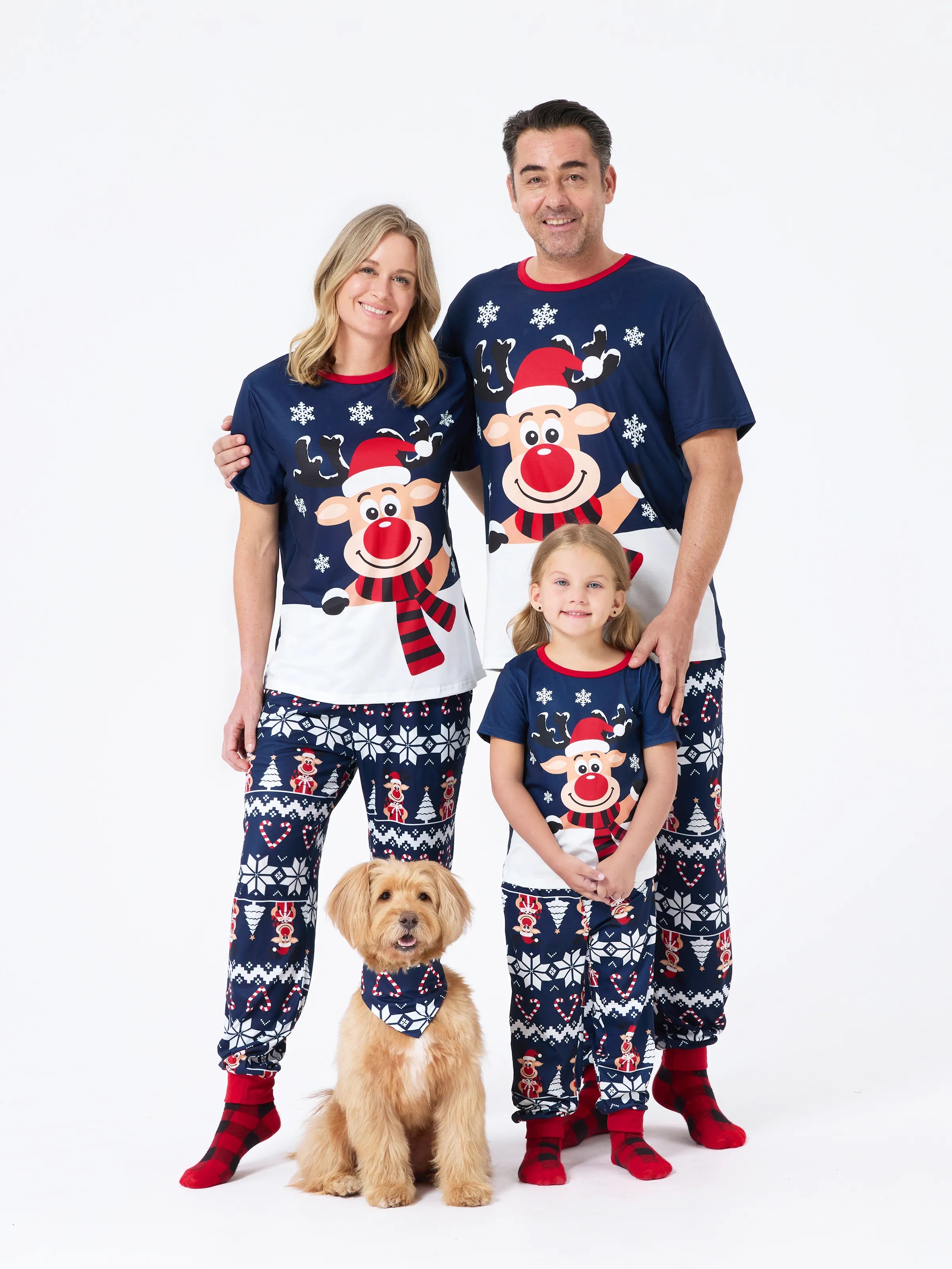 Christmas Matching Family Pajamas Set Reindeer and Snowflake Print PJS Deep Blue