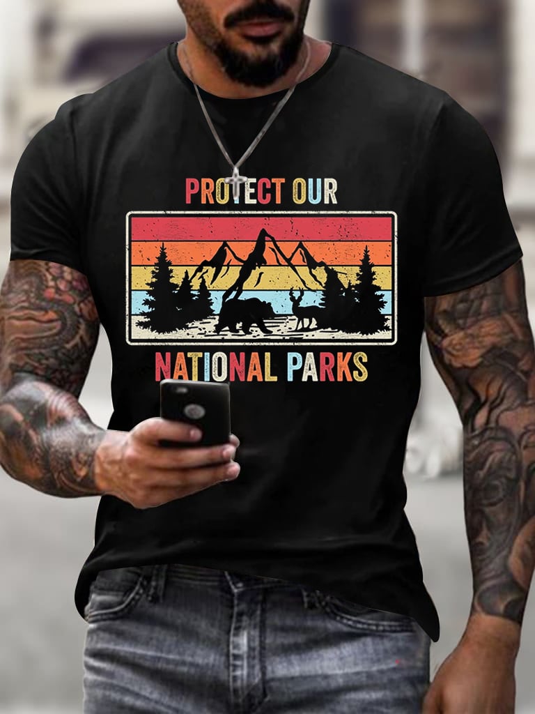 Men'S Retro Protect Our National Parks Printed Casual Crew Neck T-Shirt