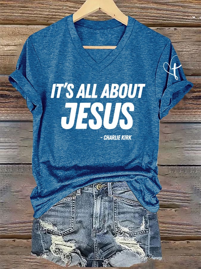 V-Neck Retro It's All About Jesus Print T-Shirt
