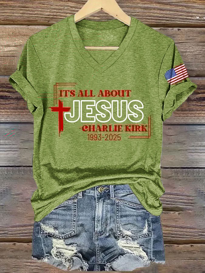 V-Neck Retro It's All About Jesus Print T-Shirt