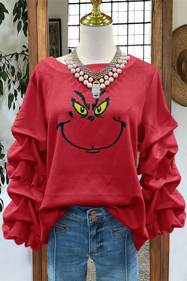 Sweet Christmas Grinch Print Pleated Sweatshirt