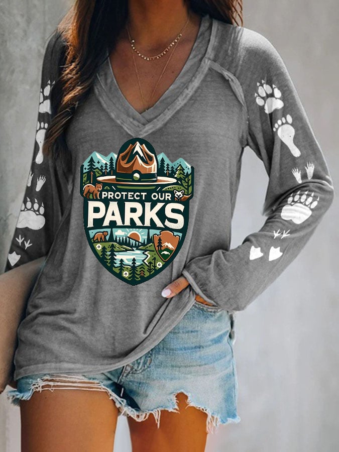 Women's Protect Our National Parks Print V Neck T-Shirt