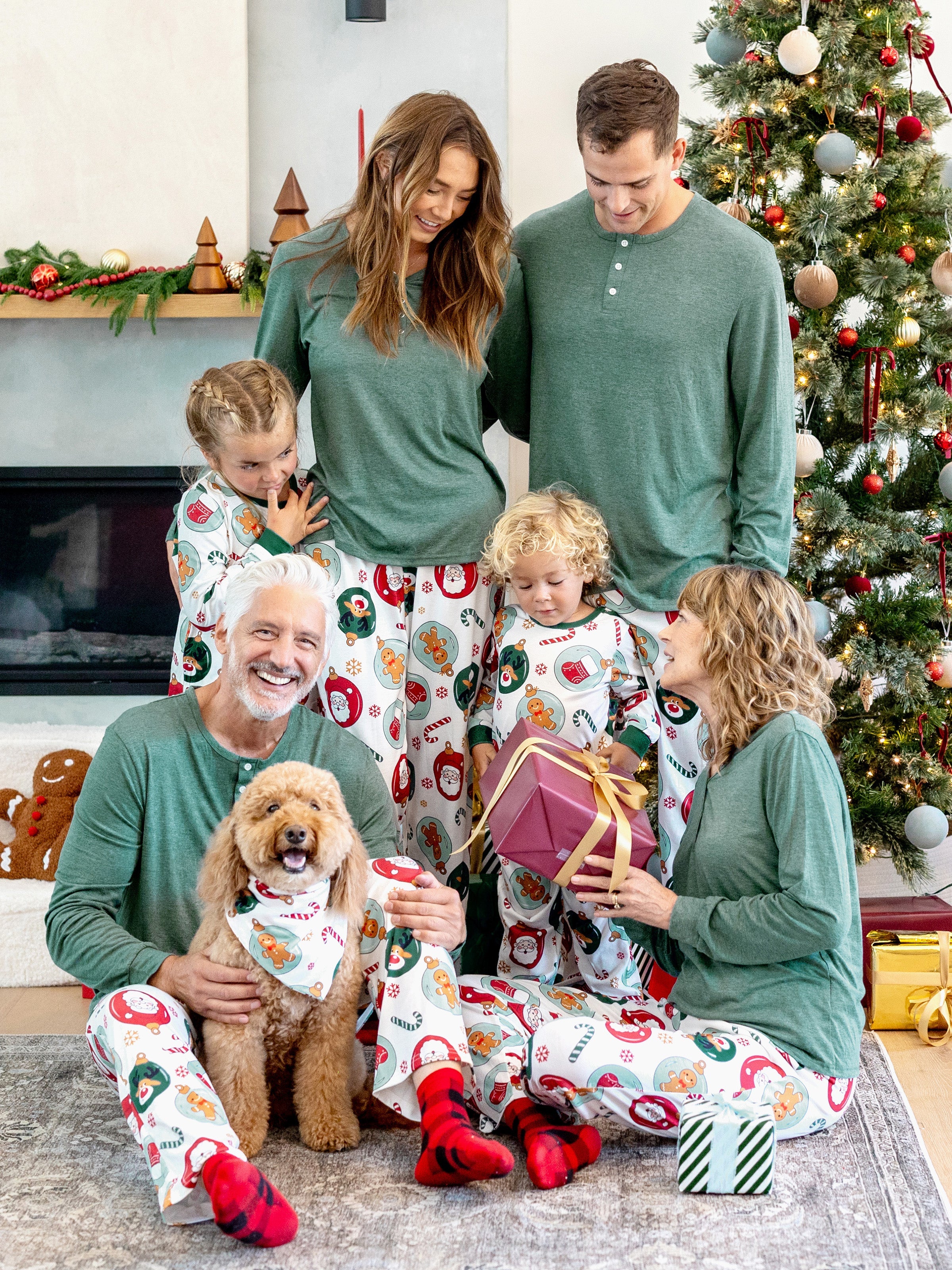 Christmas Matching Family Pajamas Set Reindeer and Santa Claus PJS with Christmas Socks Green