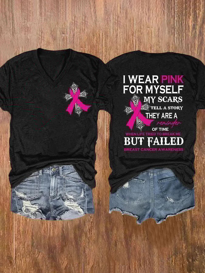 V-neck Faith Breast Cancer Awareness I Wear Pink For Myself Double Sided T-Shirt