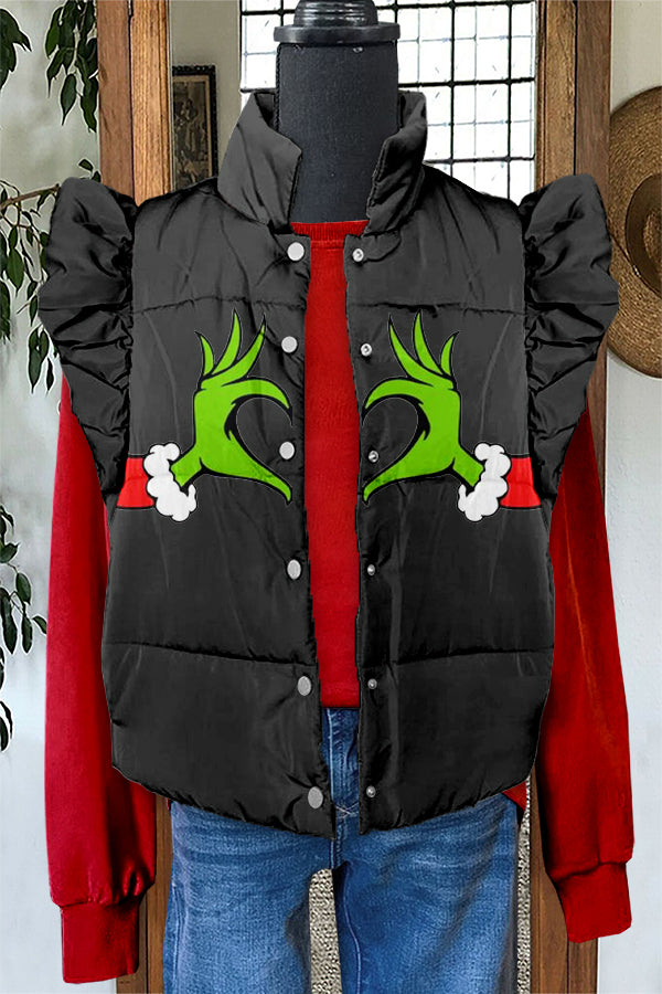 Funny Christmas Grinch Print Ruffle Vest