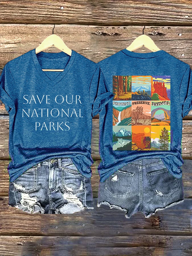 V-neck Retro Save Our National Parks Protect, Preserve, Explore Print T-Shirt