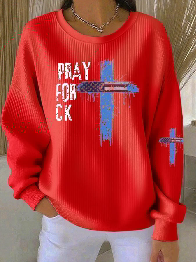 Women's Pray for Charlie Print Knit Crew Neck Long Sleeve Top