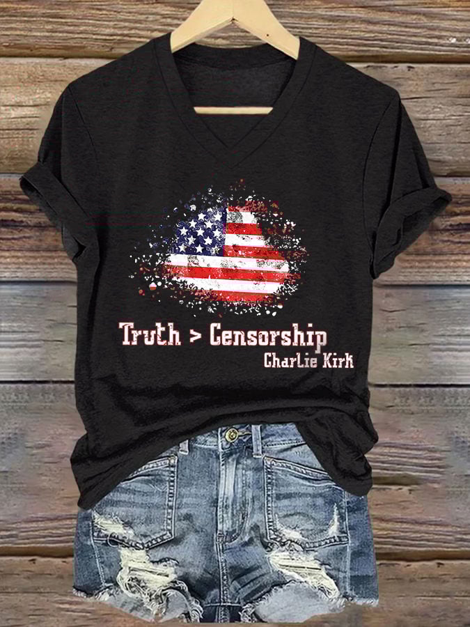 V-Neck Retro Truth > Censorship Print T-Shirt