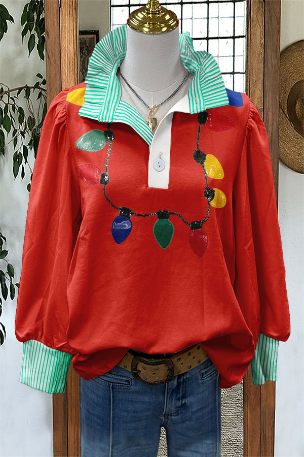 Christmas Lights Print Puff Sleeve Blouse
