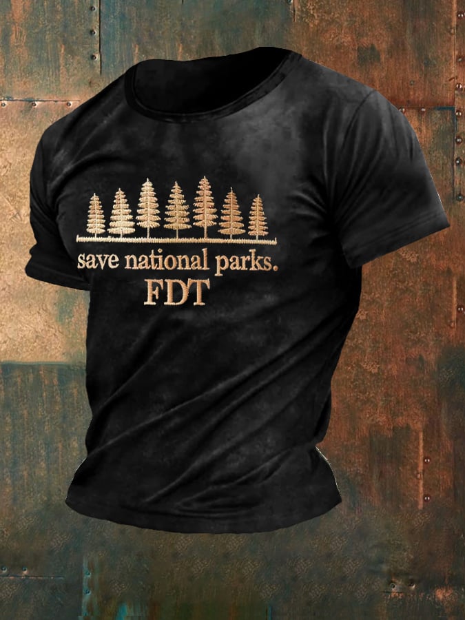 Men'S Retro Save National Parks FDT Printed Casual Crew Neck T-Shirt