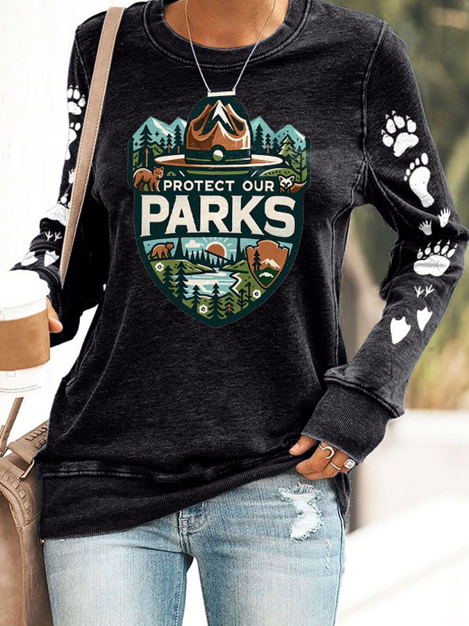 Women's Protect Our National Parks Print Round Neck Sweatshirt