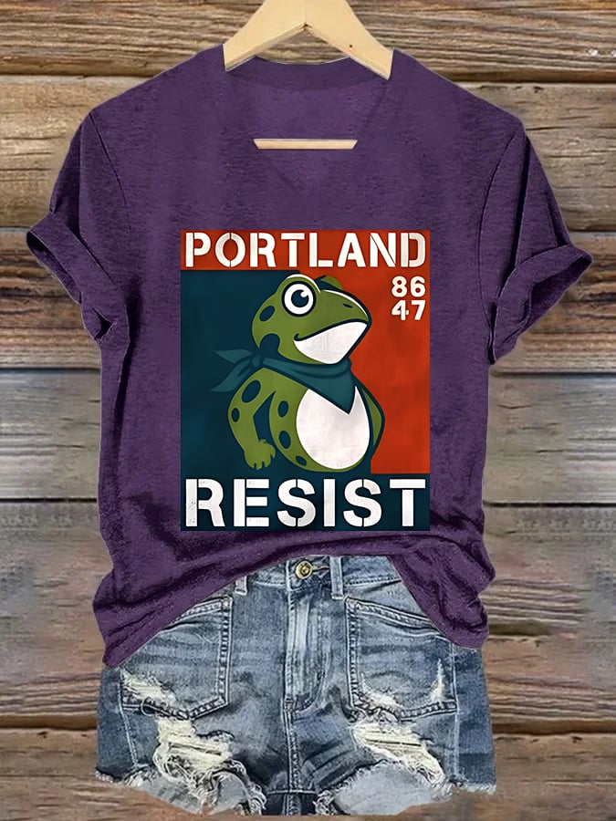 V-neck Women's Portland Frog 8647 resist Print T-Shirt