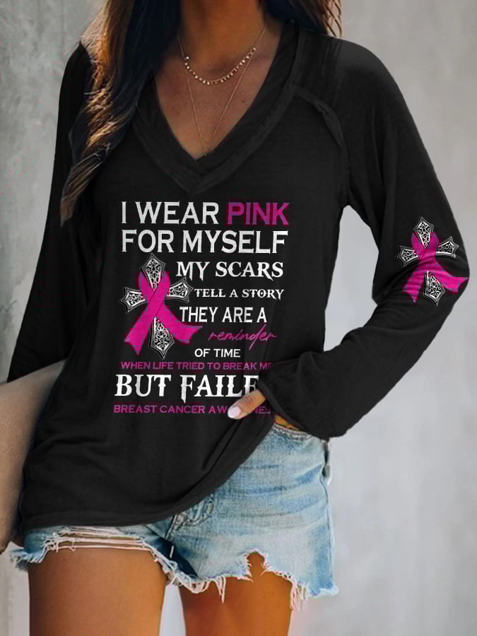 V-Neck Faith Breast Cancer Awareness I Wear Pink For Myself Long Sleeve T-Shirt