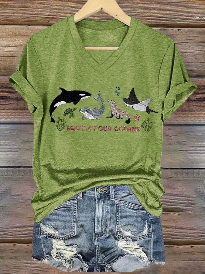 Women's Retro Protect Our Oceans Print T-Shirt