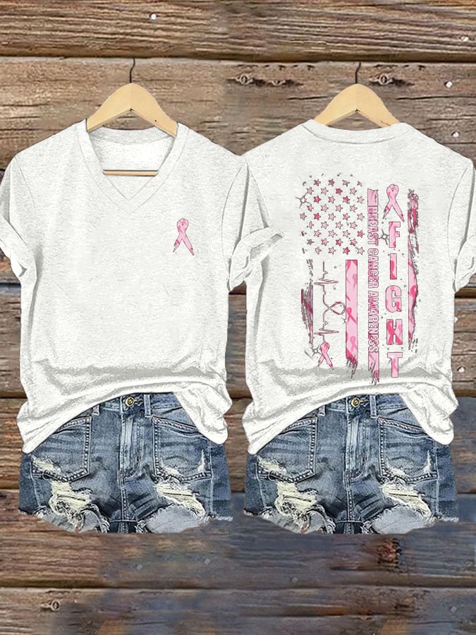 Women's Fight Breast Cancer Awareness Printed Casual V-Neck T-Shirt