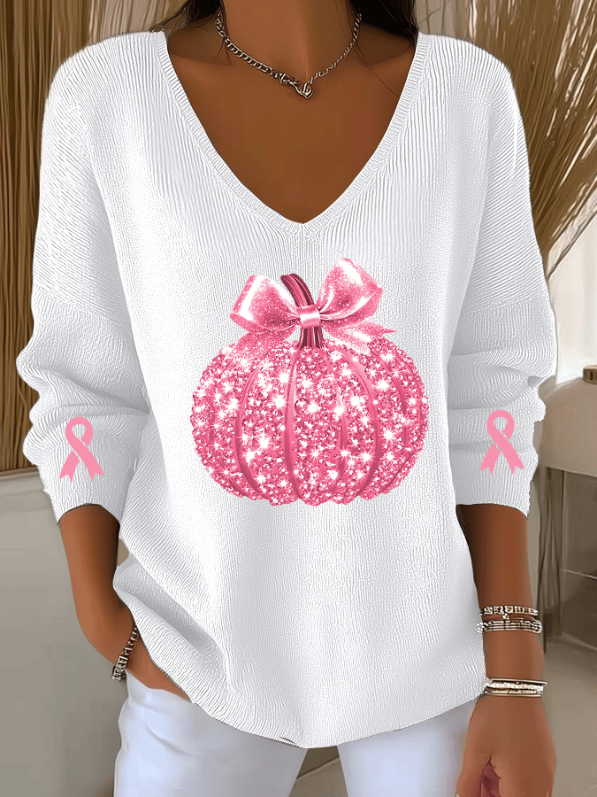Women's Breast Cancer Sequin Pumpkin Print Casual Striped Fabric Long Sleeve T-Shirt