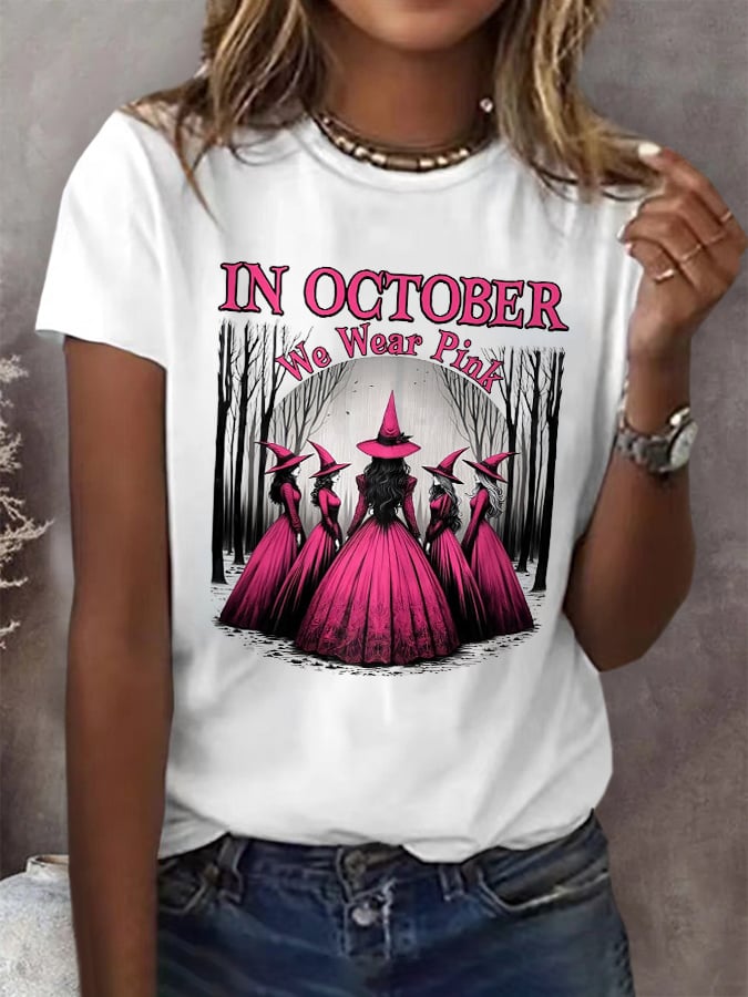 Women's Casual October We Wear Pink Witch Breast Cancer Art T-Shirt