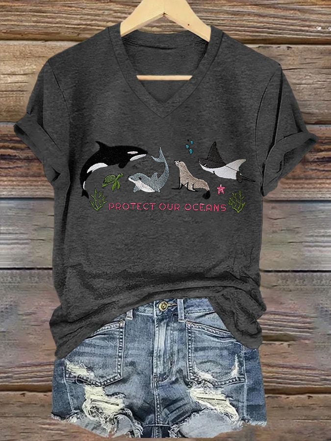 Women's Retro Protect Our Oceans Print T-Shirt