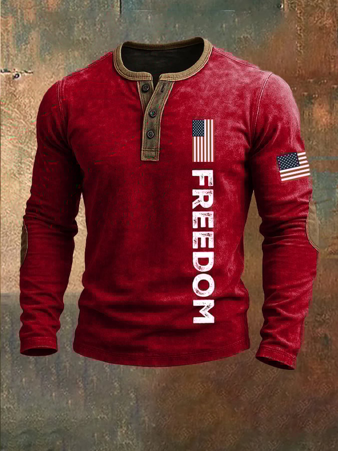 Men's Freedom American Flag Print Casual Henley Collar Shirt