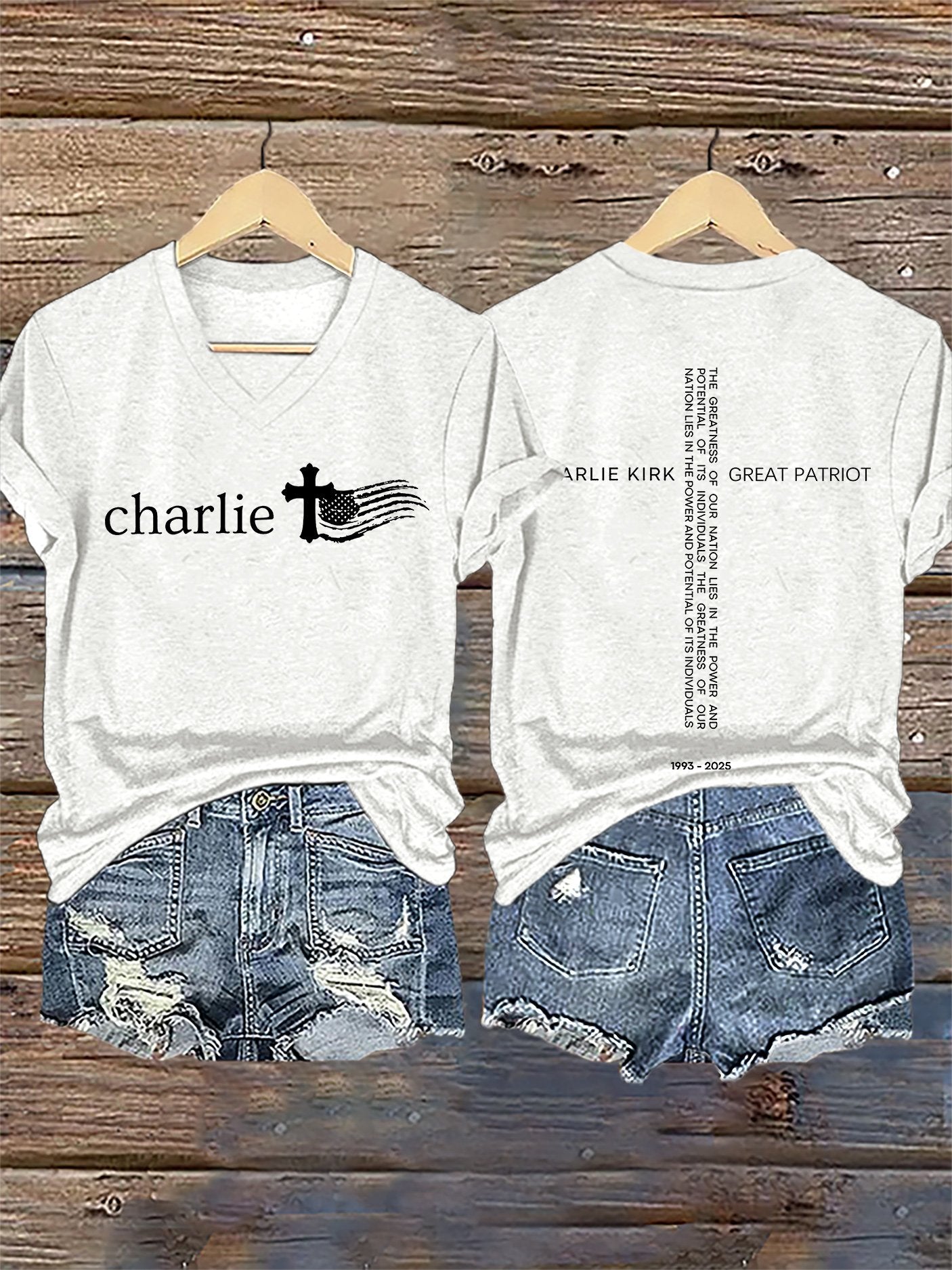 V-Neck Retro Faith Flag Cross The Greatness Of Our Nation Lies In The Power And Potential Of Its Individuals Print T-Shirt