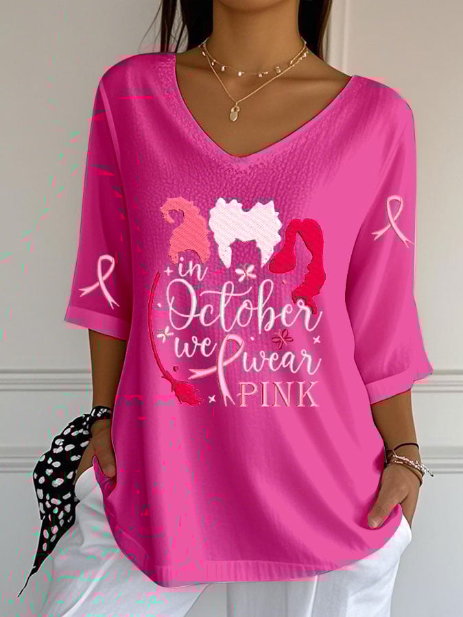 Women's Breast Cancer Witch Print Casual V-Neck Top