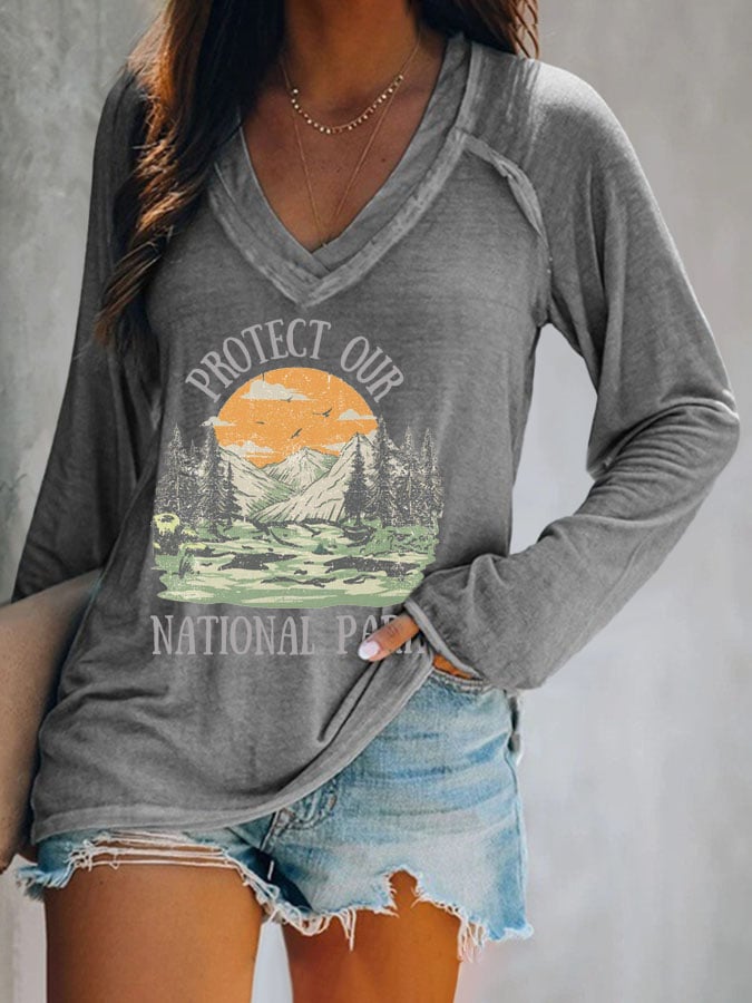 Women's Protect Our National Parks Print V Neck T-Shirt