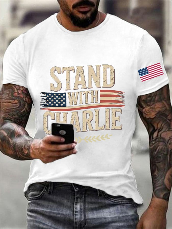 Men's Stand With Charlie Kirk Print Round Neck T-Shirt