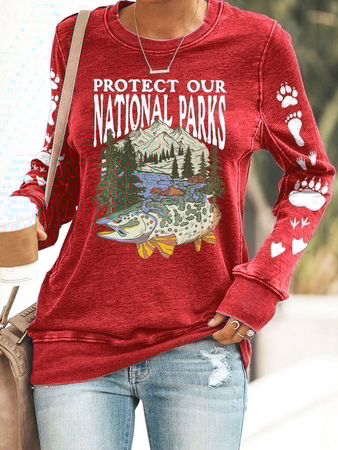 Women's Protect Our National Parks Print Round Neck Sweatshirt