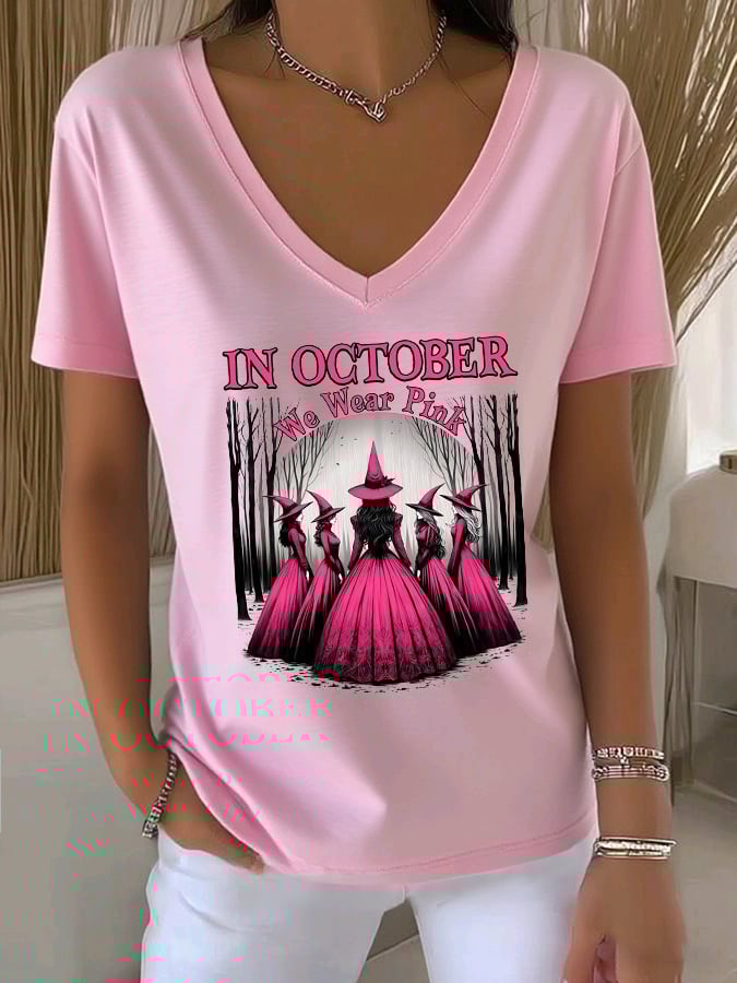 Women's Casual Witch October We Wear Pink V-Neck T-Shirt