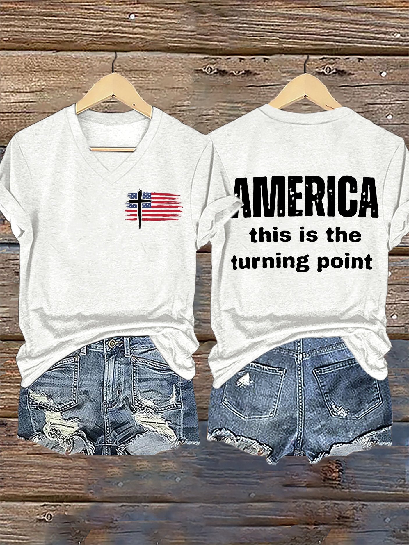 V-Neck Retro Faith Flag Cross America This Is The Turning Point Print T-Shirt