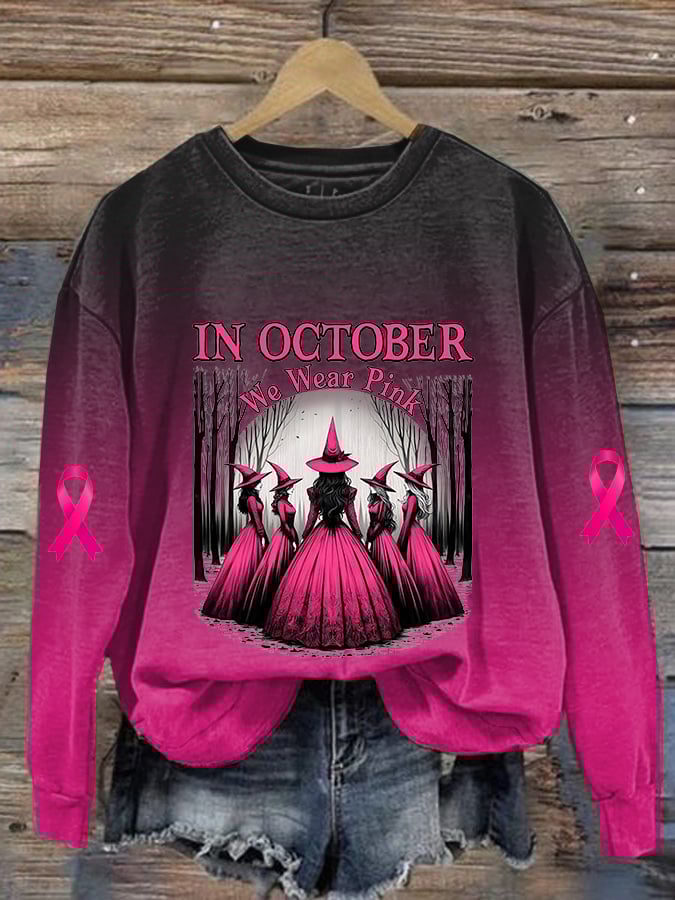 Women's Casual Vintage October We Wear Pink Witch Sweatshirt