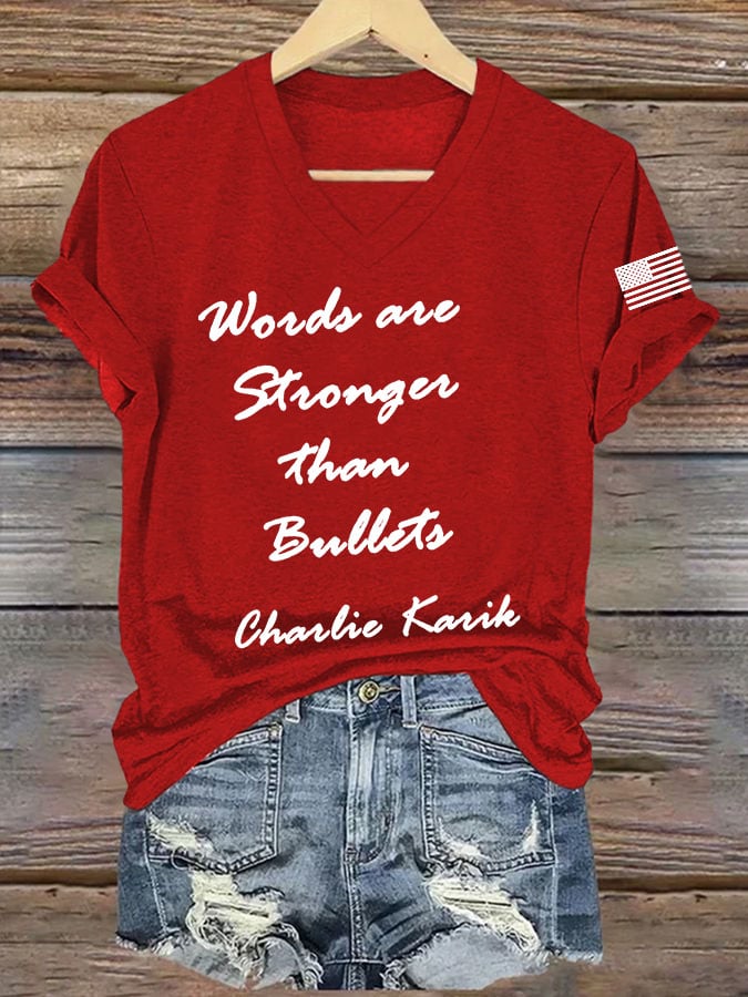 Women's Words Are Stronger Than Bullets Print V Neck T-shirt