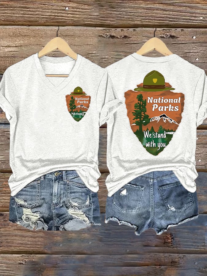 V-neck Retro National Parks Strong We Stand With You Print T-Shirt