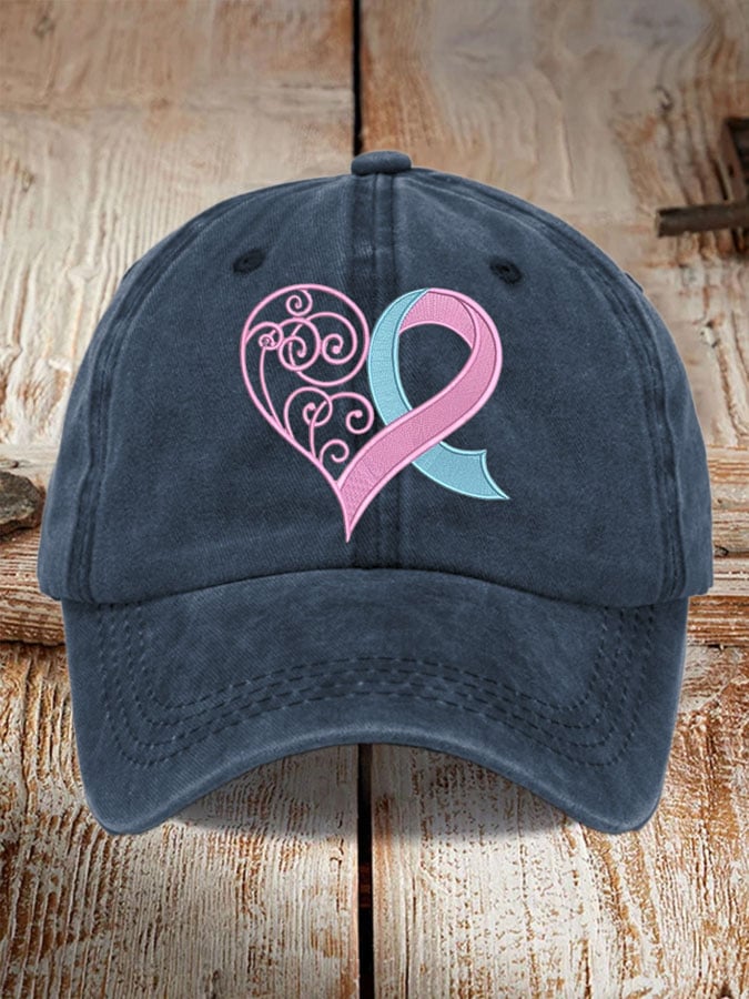Unisex Distressed Washed Cotton Breast Cancer Ribbon Heart Printed Hat