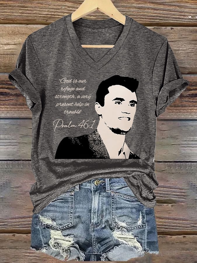 V-Neck Retro God Is Our Refuge And Strength, A Very Present Help In Trouble Psalm 46:1 Print T-Shirt
