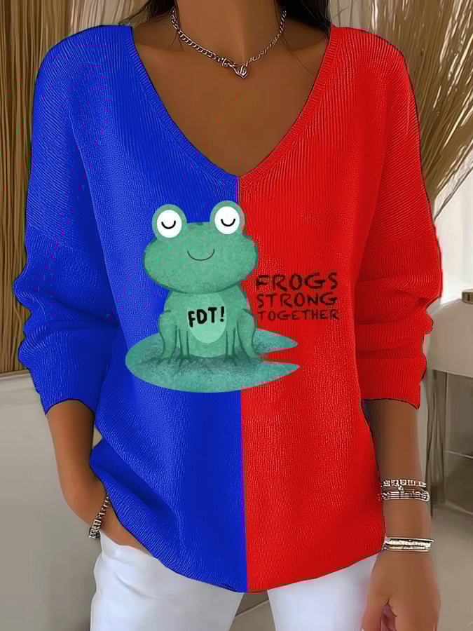 Women's Retro Frogs Strong Together Print Knit Top