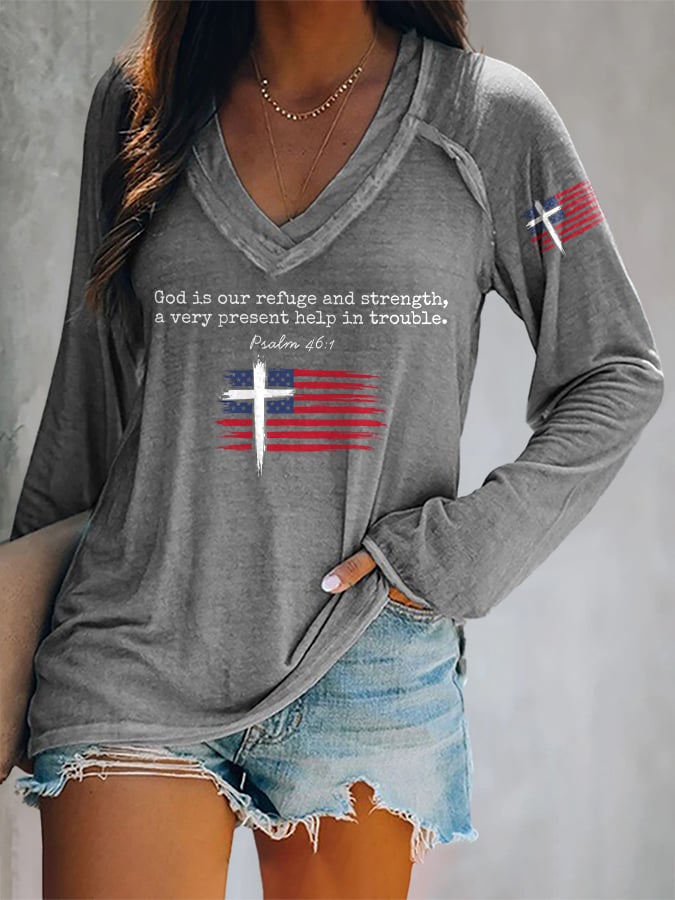 V-neck Retro God Is Our Refuge And Strength, A Very Present Help In Trouble Psalm 46:1 Print T-Shirt